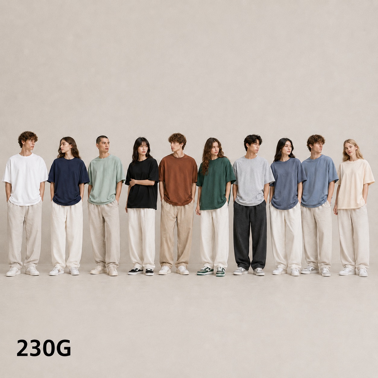 230gsm oversized cotton T-shirt lineup on models