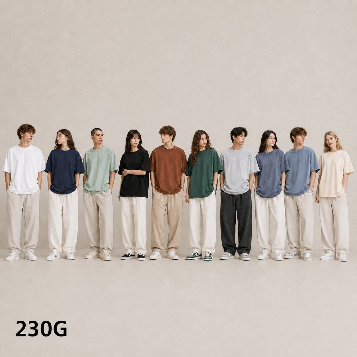 230gsm oversized cotton T-shirt color lineup on models