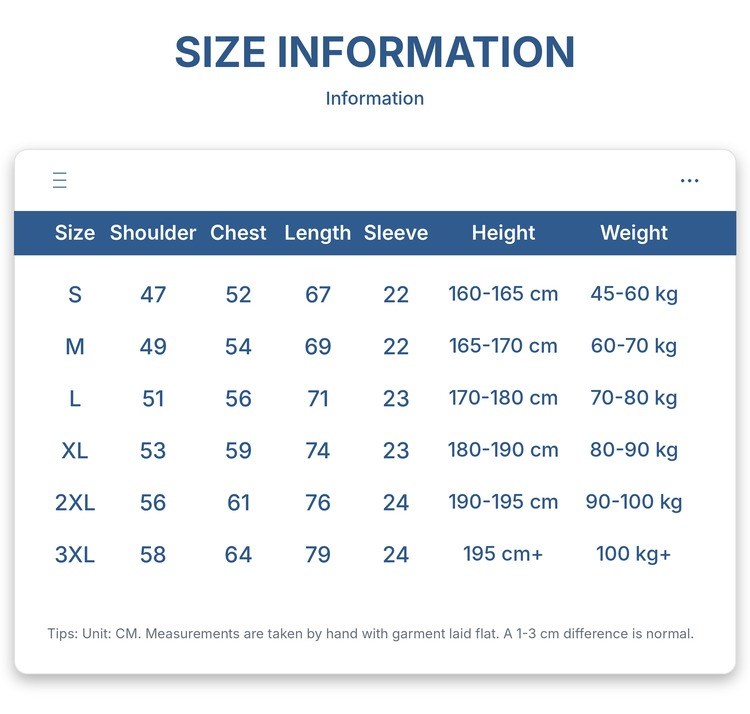 300gsm pure cotton T-shirt size chart