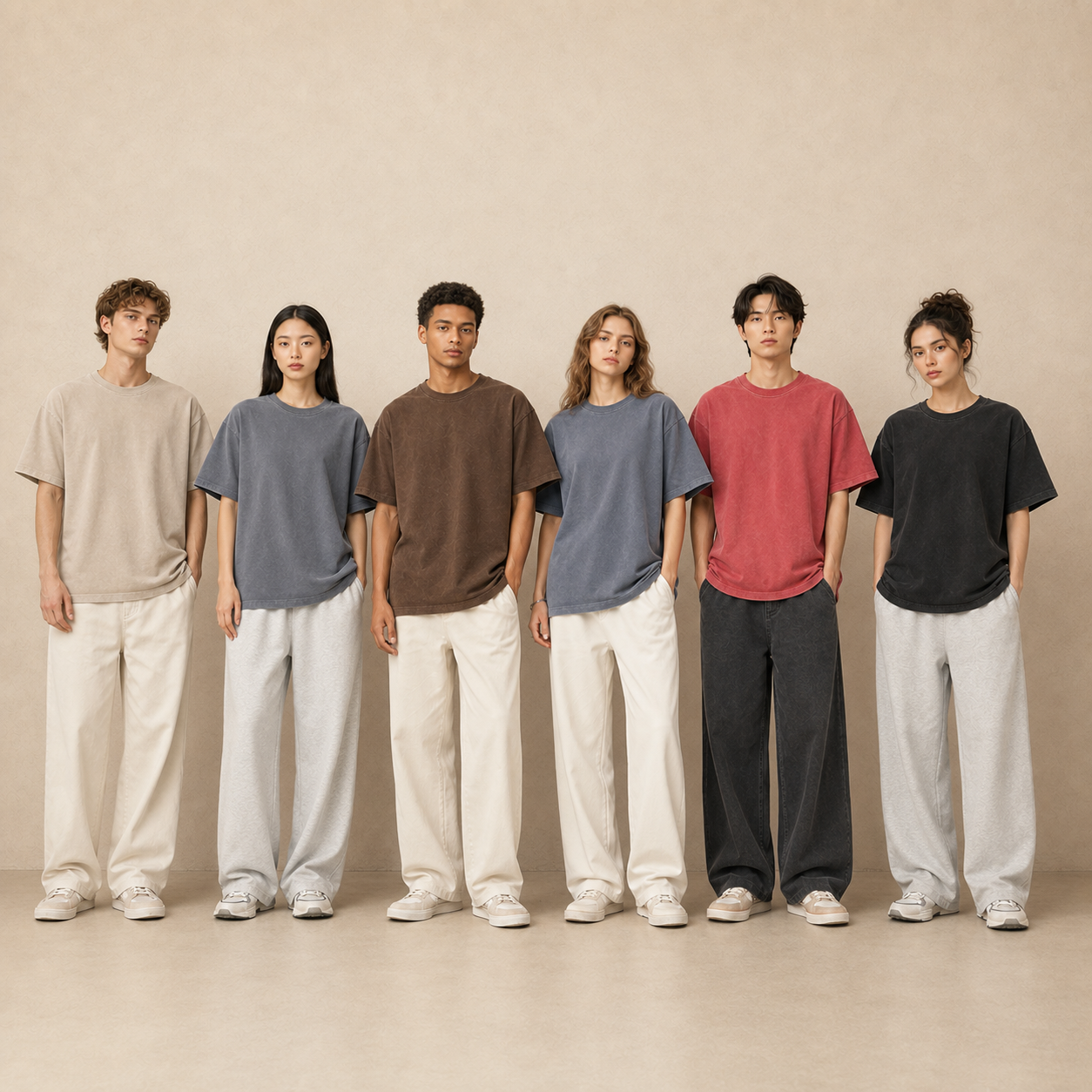 Models wearing GXT260YLX 260gsm washed batik loose-fit cotton T-shirts