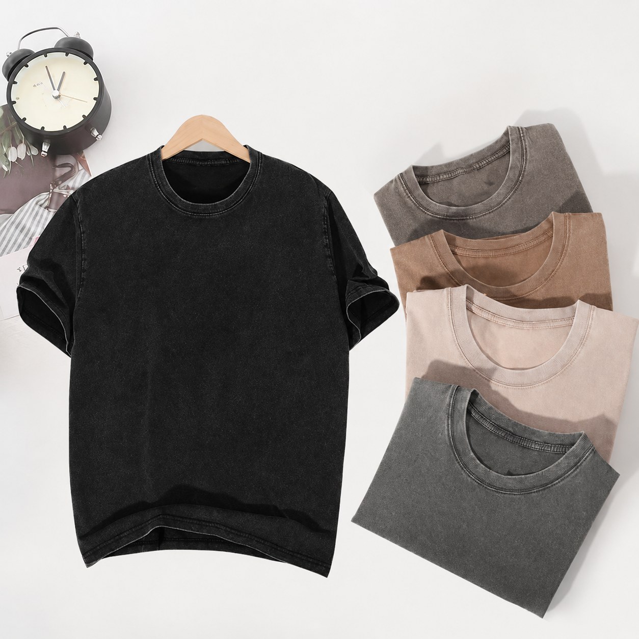 220gsm washed T-shirt flat lay color group