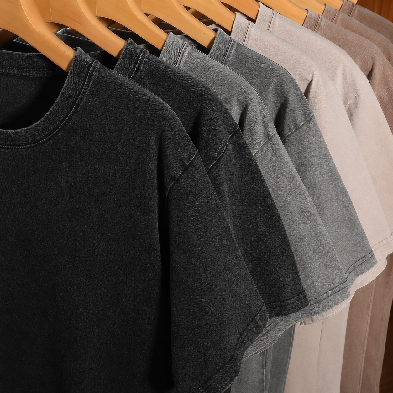 220gsm vintage washed cotton T-shirt color range on hangers